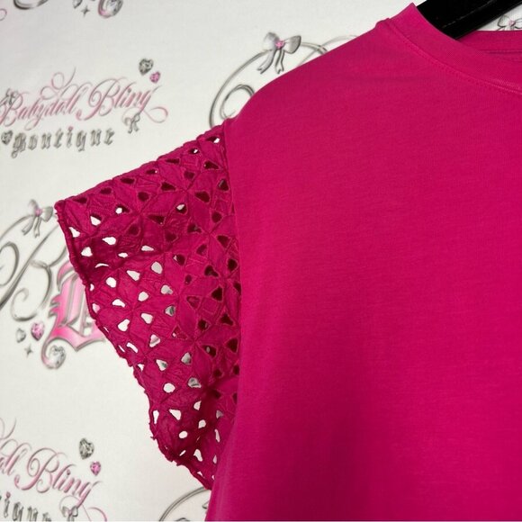 Karl lagerfeld tshirt crochet shoulder detail fuschia pink soft stretchy boho - Picture 8 of 9